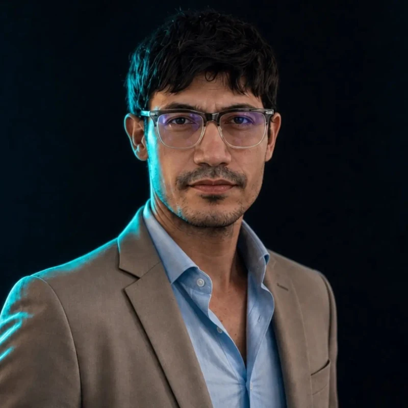 Andrés García, creator of Lienzo, wearing glasses and a beige blazer