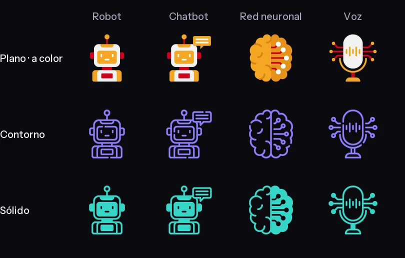 Comparaci&oacute;n de los tres estilos del pack: robot, chatbot, red neuronal y reconocimiento de voz, cada uno en plano a color, contorno y s&oacute;lido