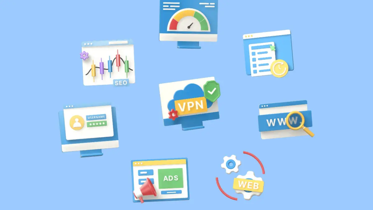 8 escenas 3D de desarrollo web: velocidad, SEO, login, búsqueda, VPN, anuncios e historial