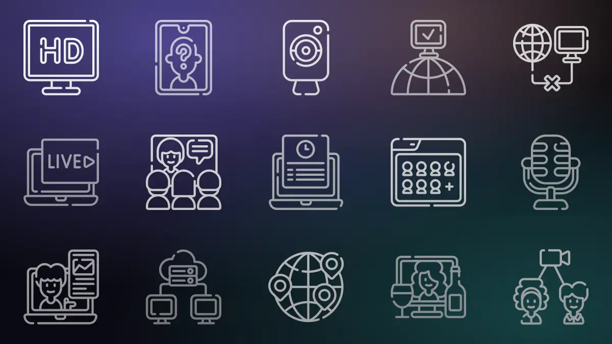 Pack de 50 iconos de eventos virtuales: streaming, agenda, ponentes, networking y más