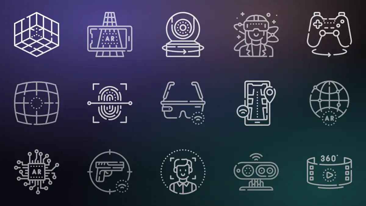 Pack de 50 iconos de realidad virtual: gafas VR, hologramas, gestos y seguimiento de movimiento