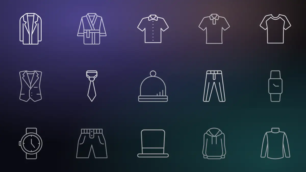 Pack de 50 iconos de ropa de hombre en SVG: camisas, abrigos, sudaderas y accesorios